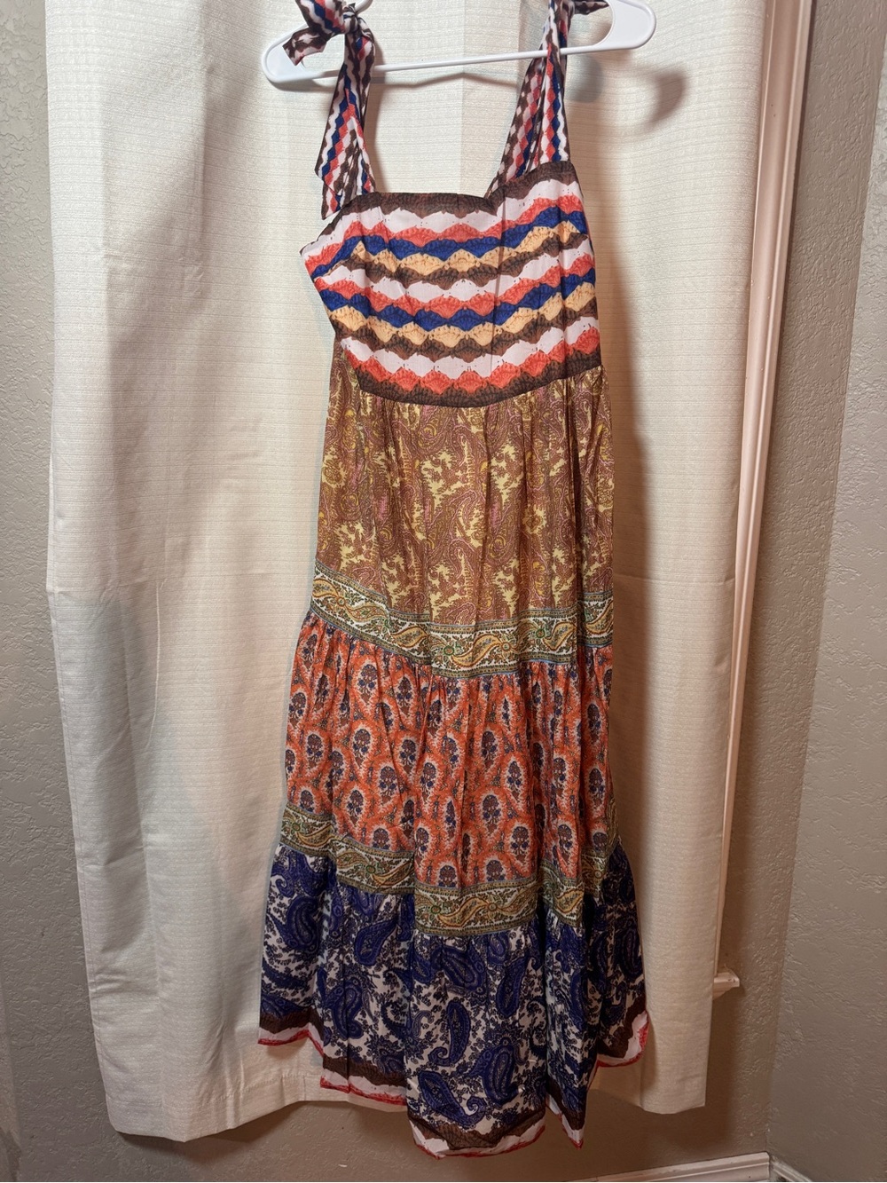 Beulah Multi-Print Tiered Maxi Dress - Blue, Orange, Brown